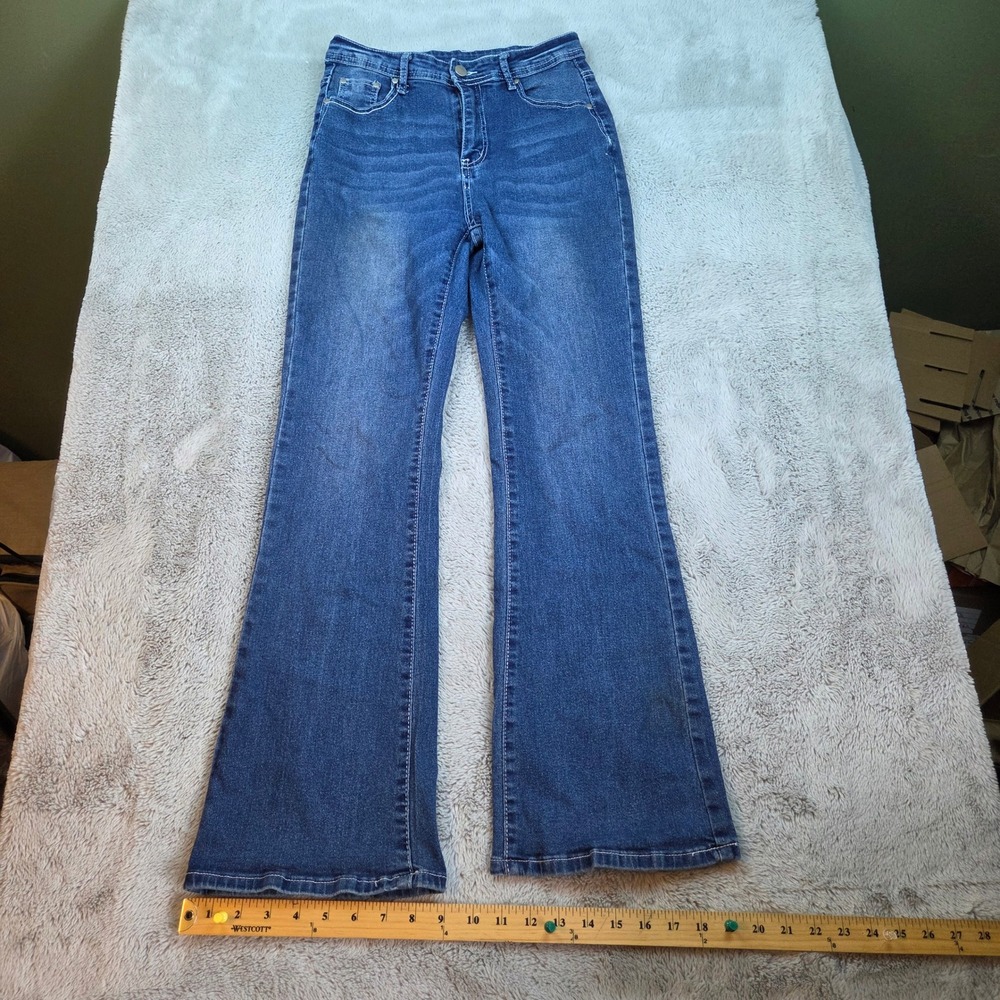 High Rise Boot Cut Flare Jeans Women Sz M Embroidered Pocket Graceful Blue Denim